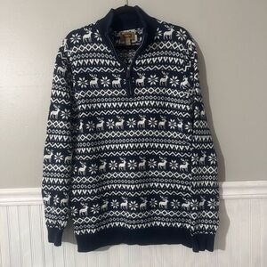 The Foundry Supply Co 1/4 Zip Sweater Deer & Snowflake Navy & White Men’s LT
